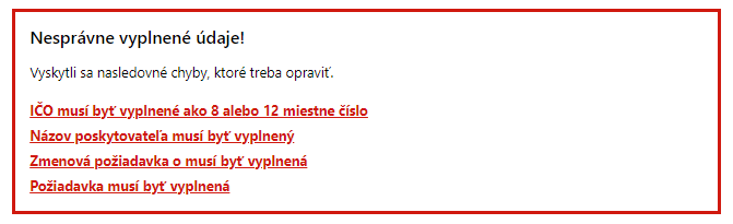Zhrnutie nevyplnených a nesprávne vyplnených polí